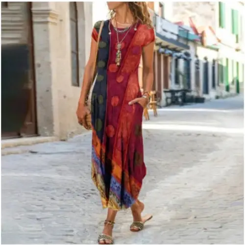 Round Neck Pocket Short Sleeve Printed Dress - LauBelle