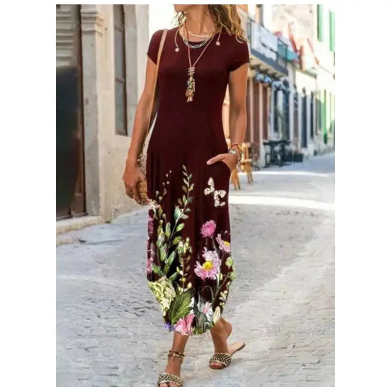 Round Neck Pocket Short Sleeve Printed Dress - LauBelle