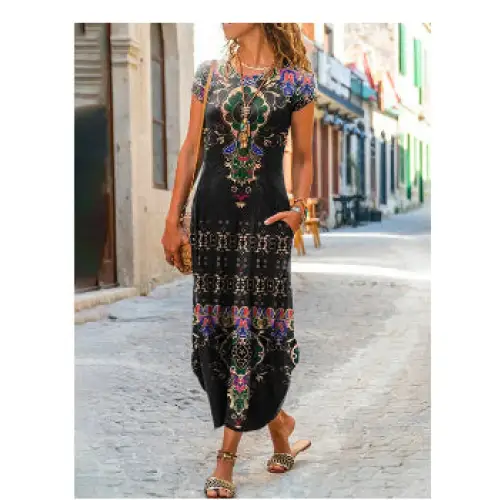 Round Neck Pocket Short Sleeve Printed Dress - LauBelle