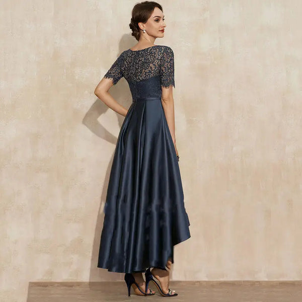 Satin Navy Ball Lace Dress with Fit and Flare Silhouette - LauBelle