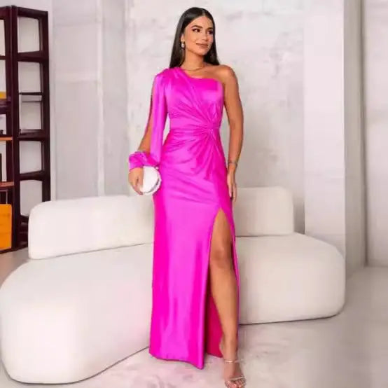 Womens One Shoulder Split Evening Dress - LauBelle