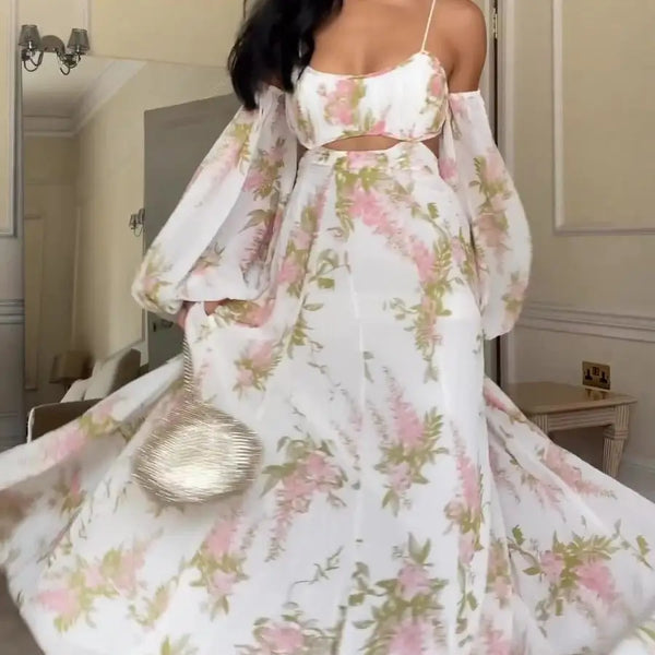 French Printing Backless Spaghetti Strap Dress - LauBelle