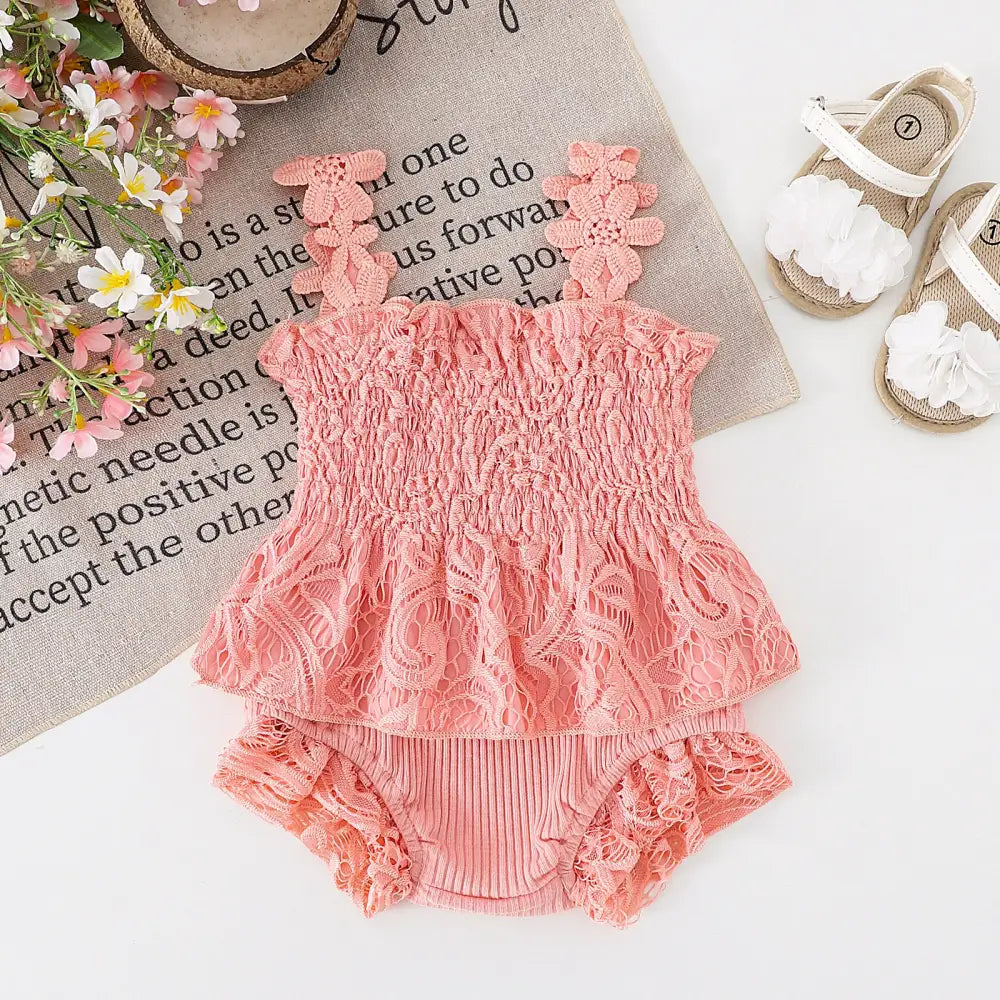 Mesh Smocking Sling Top and Harem Pants Lace Two-Piece Set - LauBelle Brand