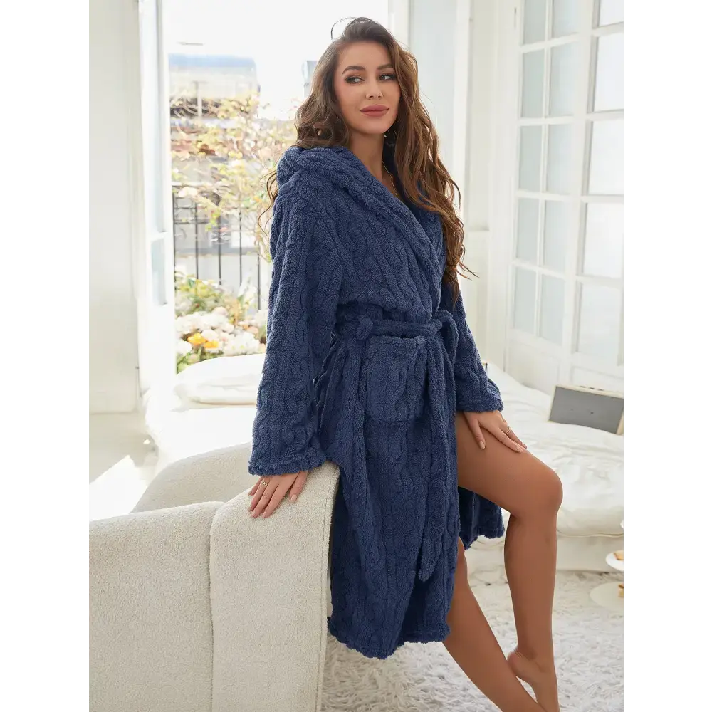 Pink Hooded Cable Knit Plush Velvet Bathrobe - LauBelle