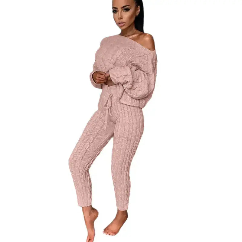 CozyFit Pink Knitted Women's Lounge Tracksuit Set - LauBelle