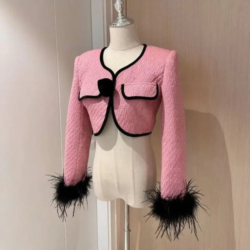 Pink Tweed Slim Fit Jacket with Black Trim and Feather Cuffs - LauBelle Brand