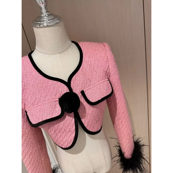 Pink Tweed Slim Fit Jacket with Black Trim and Feather Cuffs - LauBelle