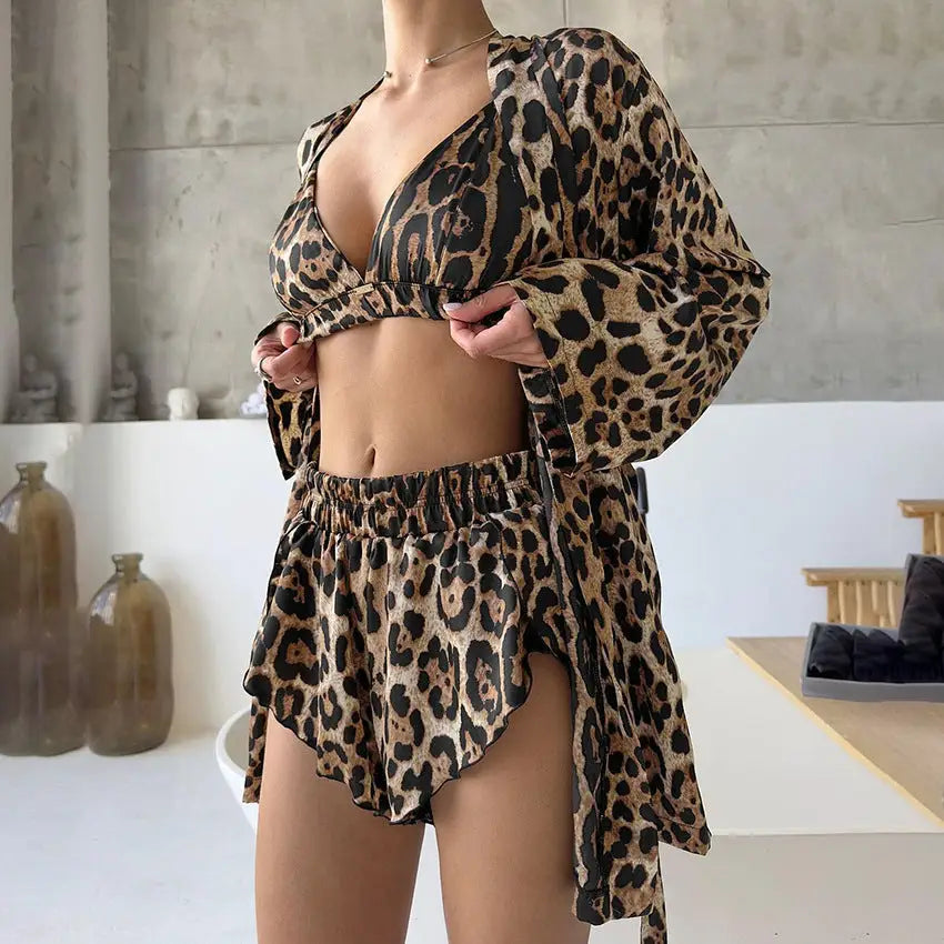 Leopard Luxe Cozy Three Piece Pajama Set with Robe - LauBelle