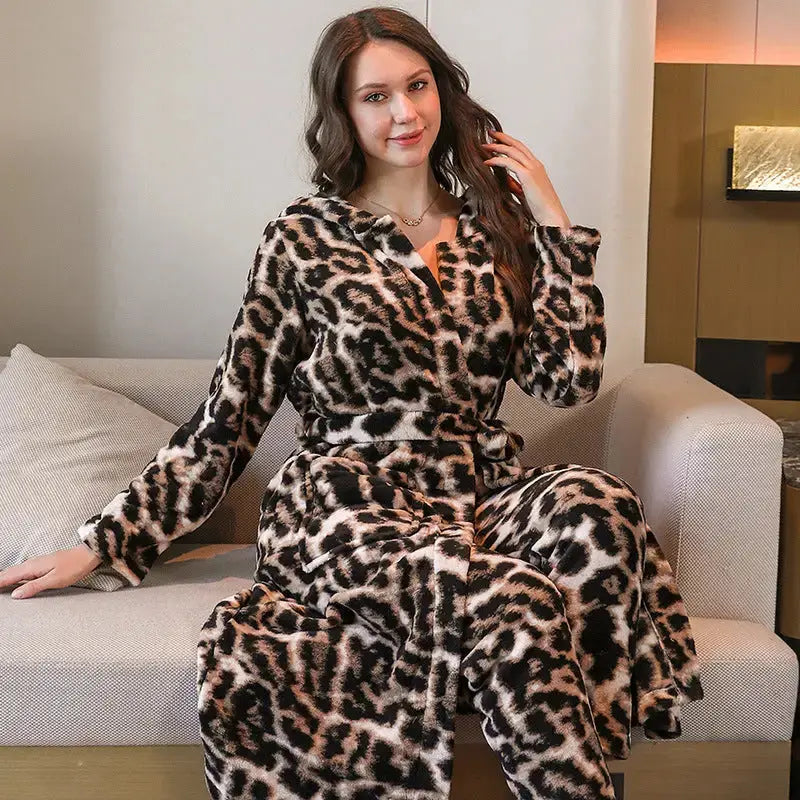 Leopard Print Flannel Hooded Robe and Pants for Women - LauBelle Brand