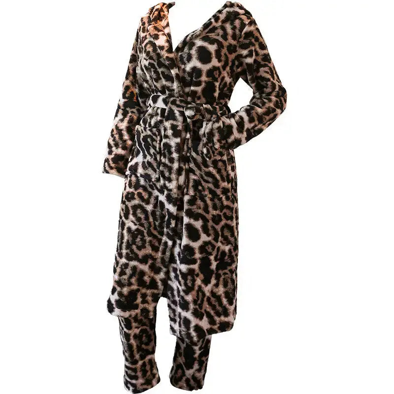 Leopard Print Flannel Hooded Robe and Pants for Women - LauBelle Brand