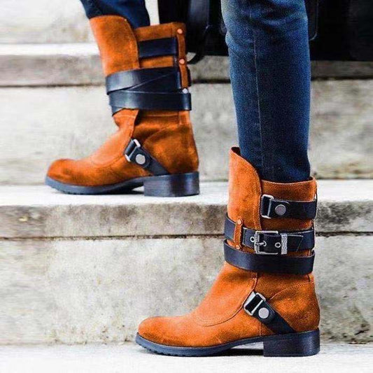 Retro Buckle Suede Heeled Boots - LauBelle