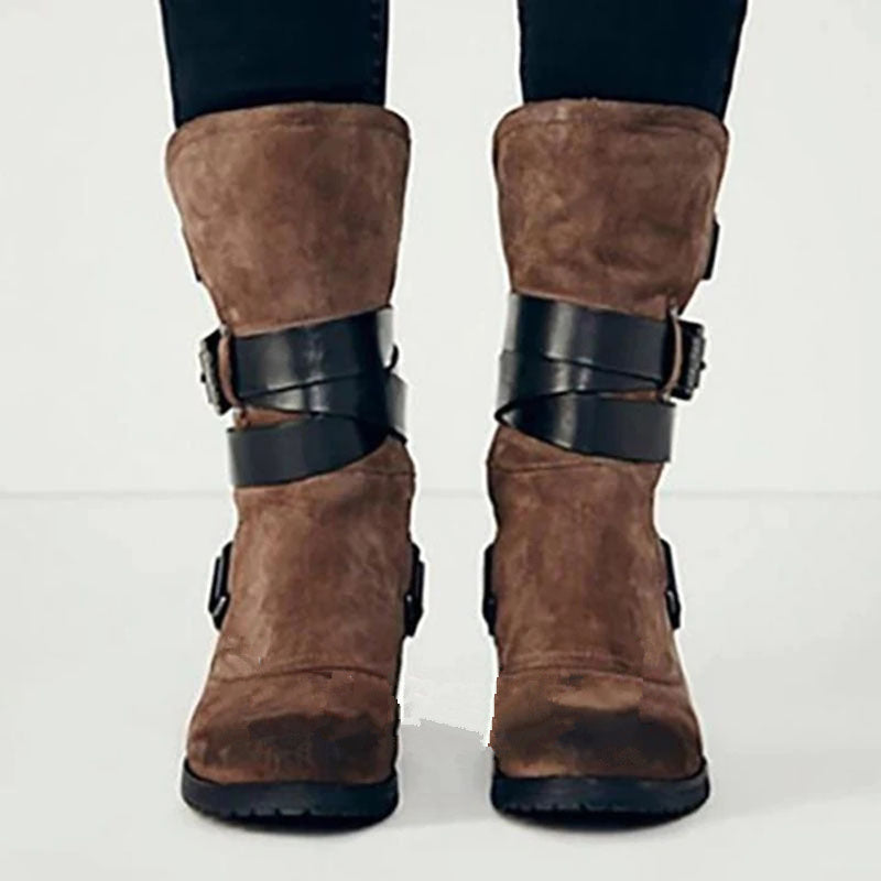 Retro Buckle Suede Heeled Boots - LauBelle