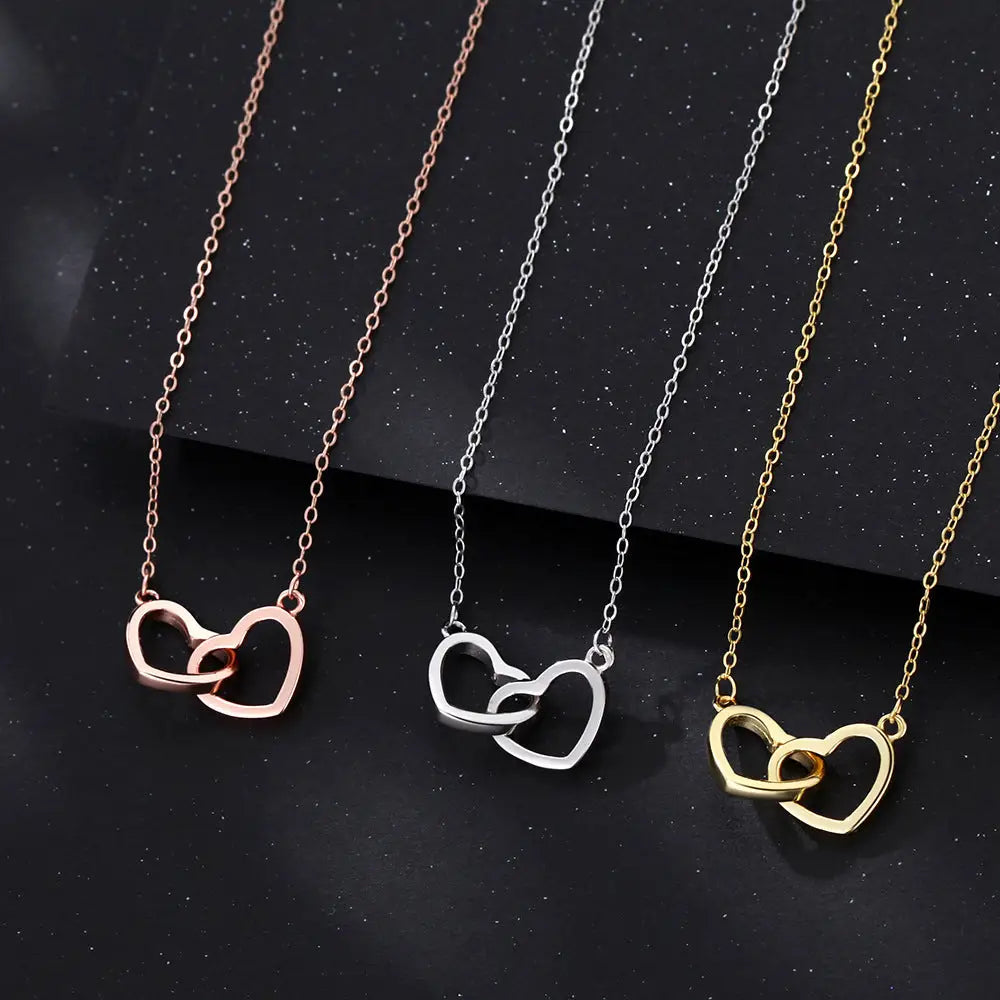 S925 Silver Double Heart Necklace with Delicate Lettering - LauBelle