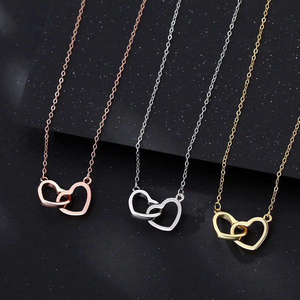 S925 Silver Double Heart Necklace with Delicate Lettering - LauBelle