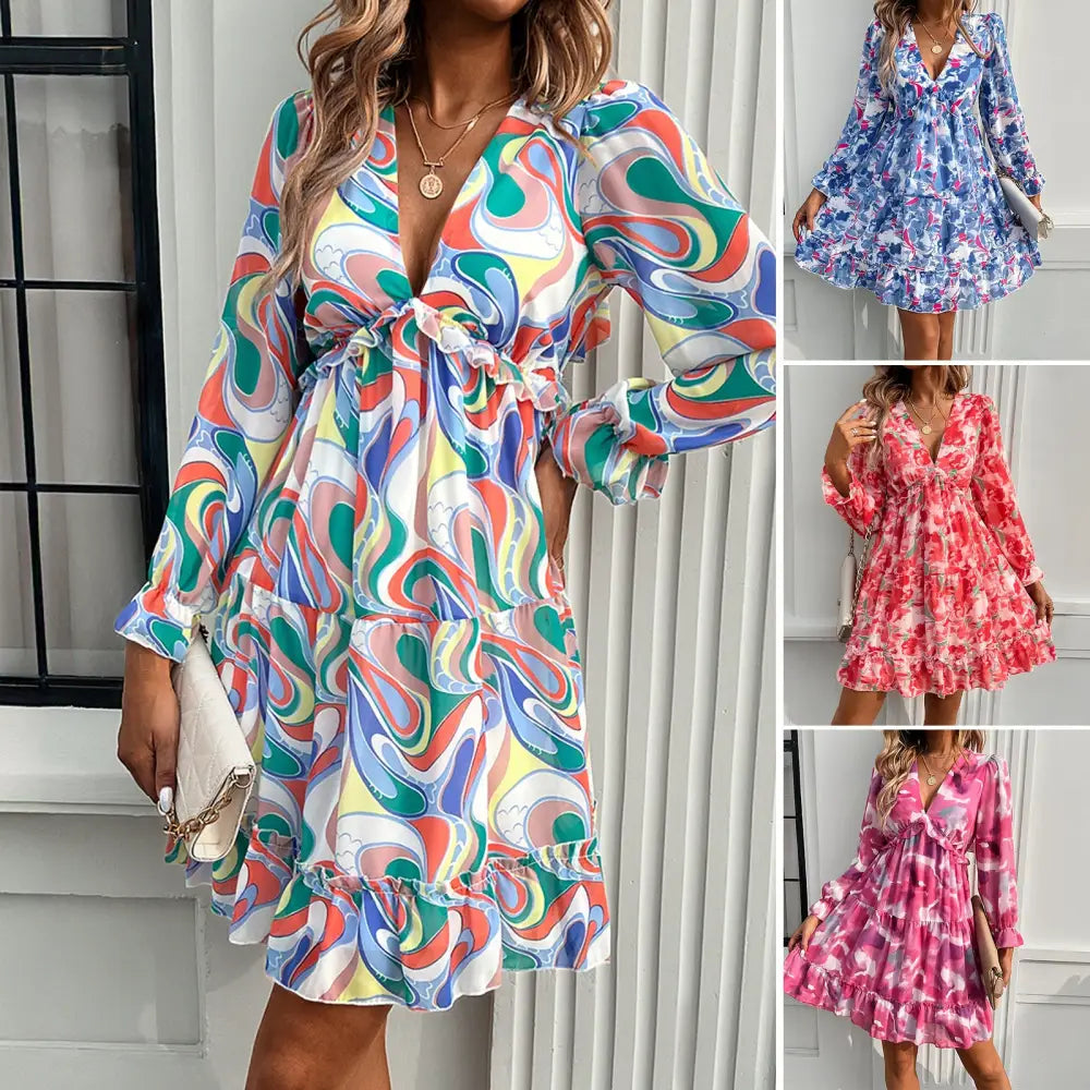 BlossomVibe V-Neck Long-Sleeve Elegant Versatile Dress - LauBelle Brand