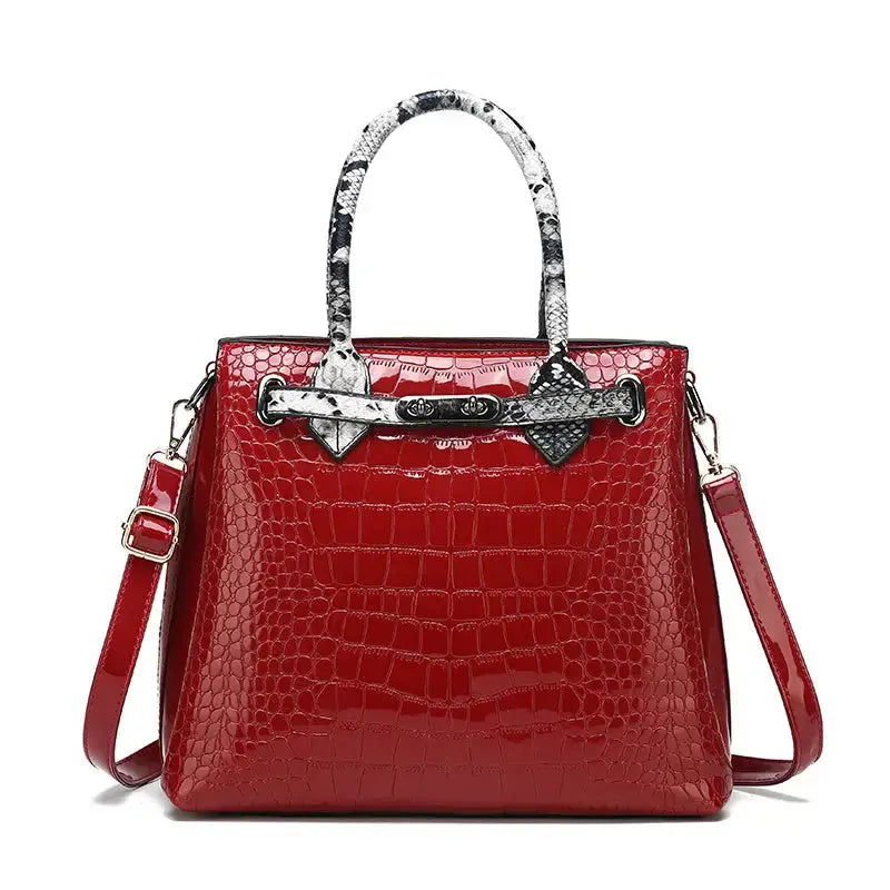 Red Crocodile-Pattern Handbag with Snake-Print Accents - LauBelle Brand