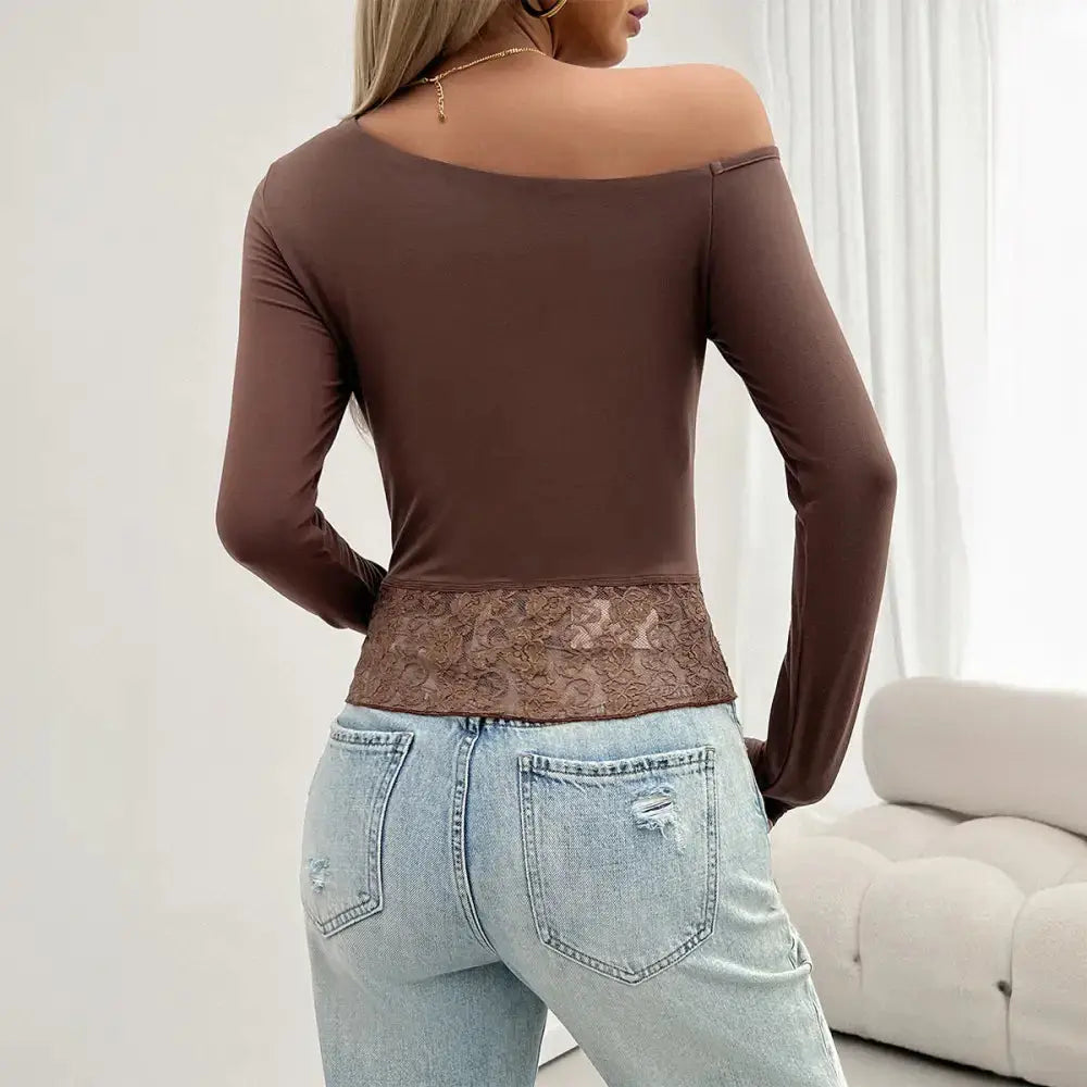 One Shoulder Lace Trim KnitFit Long Sleeve Top - LauBelle Brand