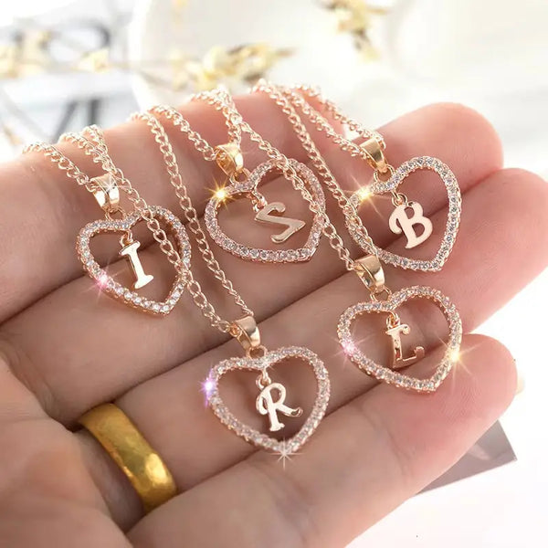 Heart Alphabet Zircon Pendant Necklace in Stainless Steel - LauBelle