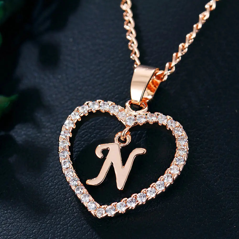 Heart Alphabet Zircon Pendant Necklace in Stainless Steel - LauBelle