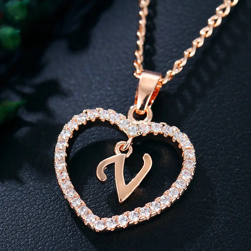 Heart Alphabet Zircon Pendant Necklace in Stainless Steel - LauBelle