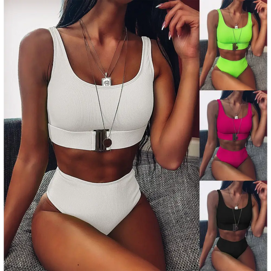 Chic High-Waist Solid Bikini Two-Piece Set for Women - LauBelle
