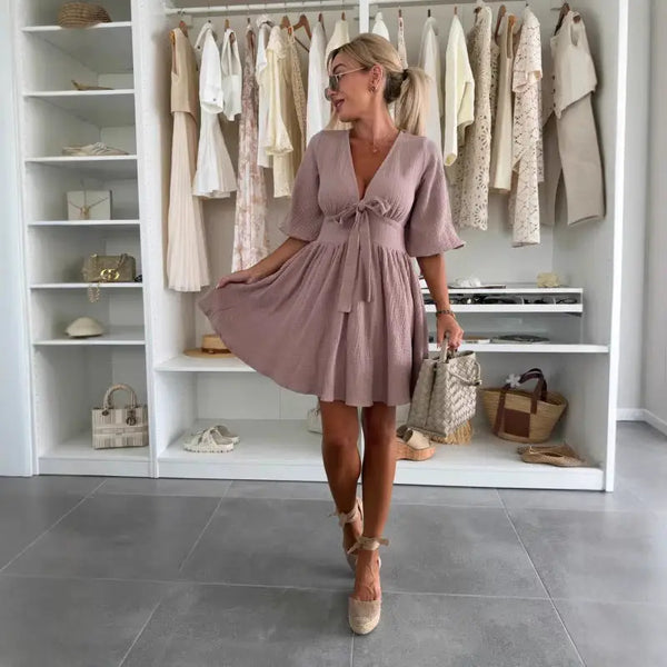 Short Sleeve V-neck Sahara Plaid Jumpsuit - LauBelle