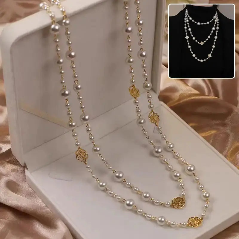 Vintage Pearl Layers Necklace with Gold-Toned Floral Accents - LauBelle