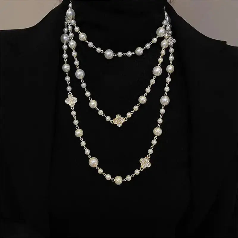 Vintage Pearl Layers Necklace with Gold-Toned Floral Accents - LauBelle Brand