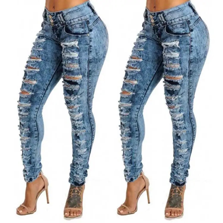 High Waisted Breasted Ripped Jeans - LauBelle