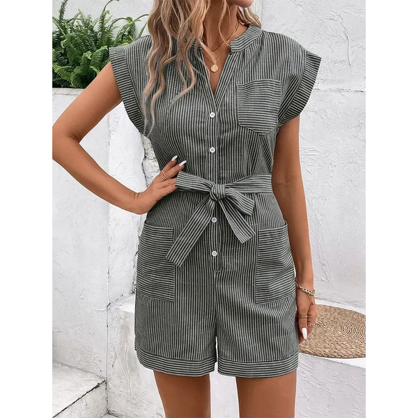 Pinstripe Breezy Commute Short Sleeve Jumpsuit - LauBelle