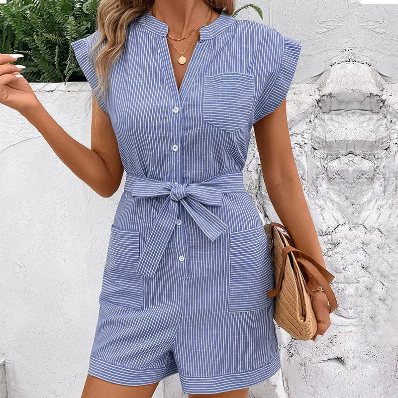 Pinstripe Breezy Commute Short Sleeve Jumpsuit - LauBelle