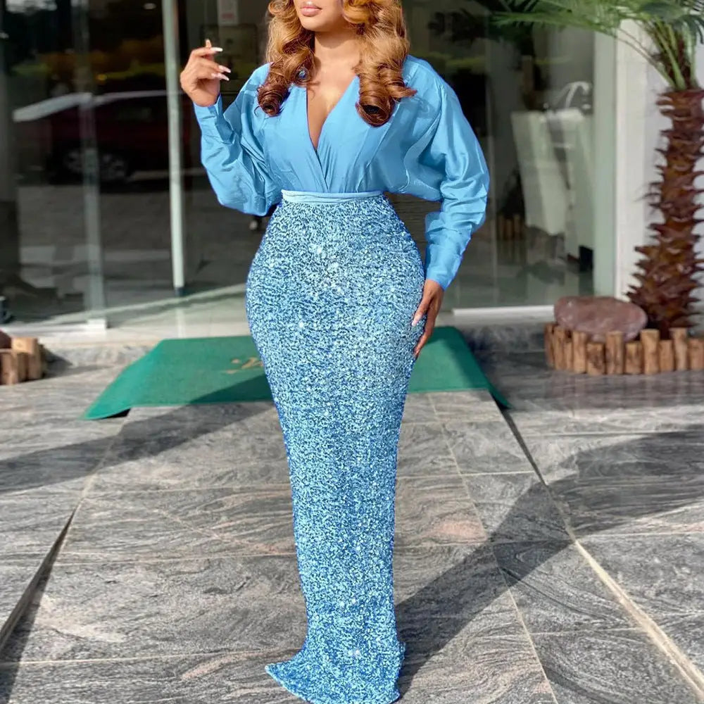 Azure Elegance Evening Gown with Beaded Embroidery - LauBelle