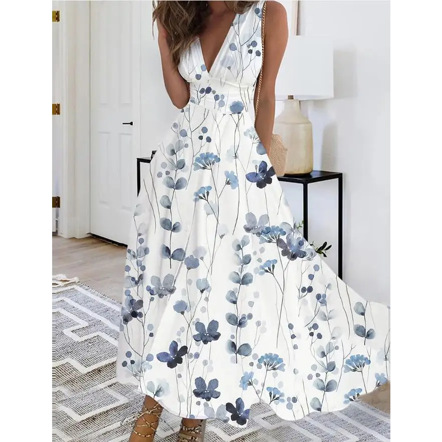 Printed V Neck Loose Elegant Dress - LauBelle