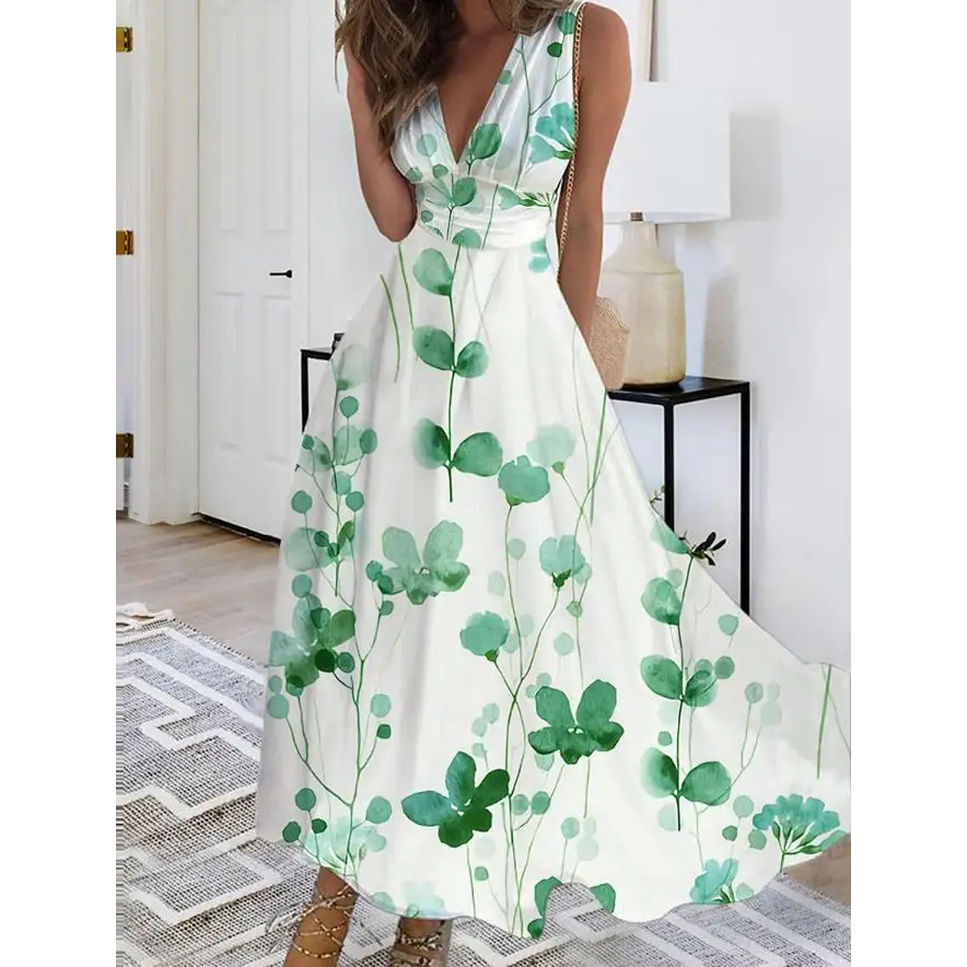 Printed V Neck Loose Elegant Dress - LauBelle