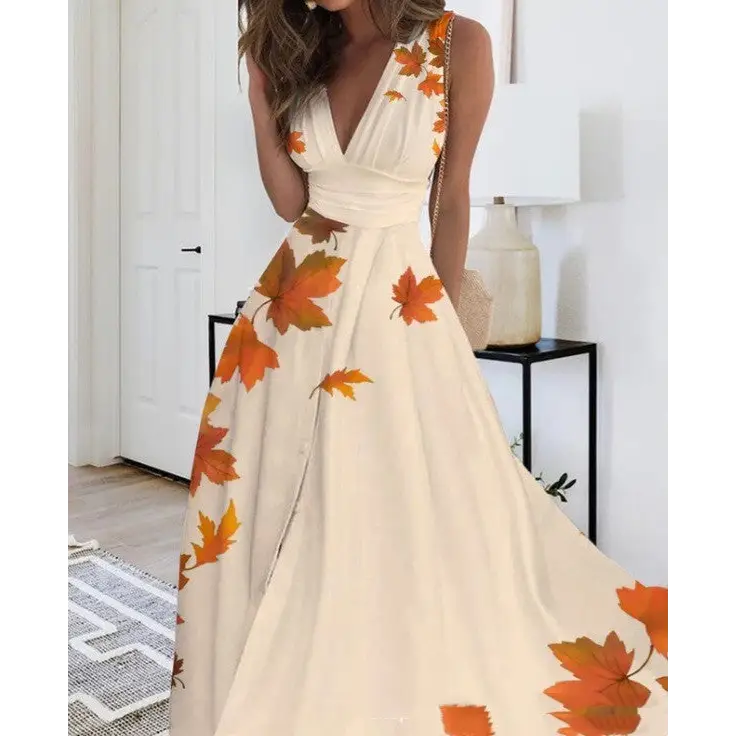 Printed V Neck Loose Elegant Dress - LauBelle