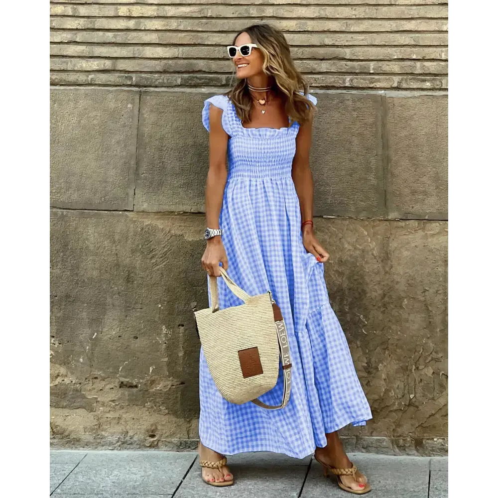 Sunny Plaid Ruffle A-Line Dress for Beach Chic Occasions - LauBelle Brand
