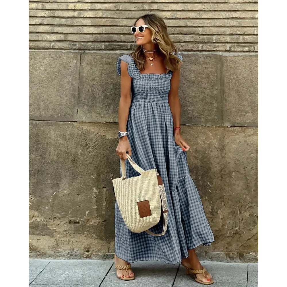 Sunny Plaid Ruffle A-Line Dress for Beach Chic Occasions - LauBelle Brand