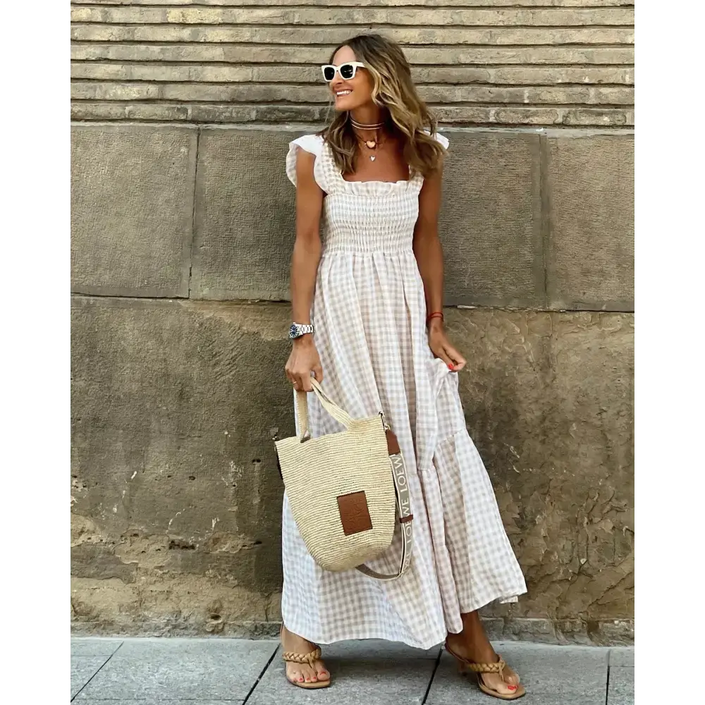 Sunny Plaid Ruffle A-Line Dress for Beach Chic Occasions - LauBelle Brand