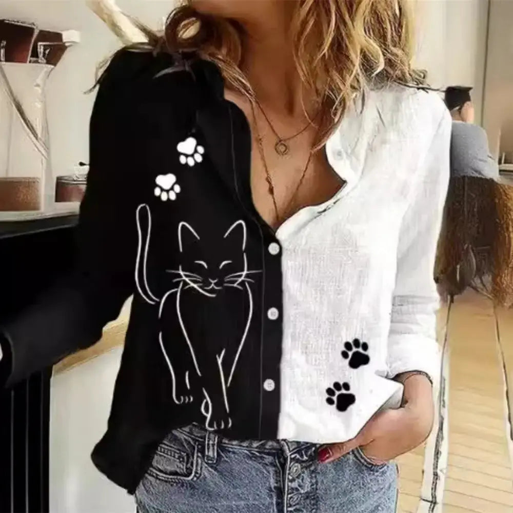 Black and White Cat Print Button-Down Shirt - LauBelle