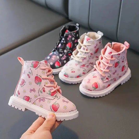 Strawberry Charm Girls Martin Boots with Vibrant Pattern - LauBelle