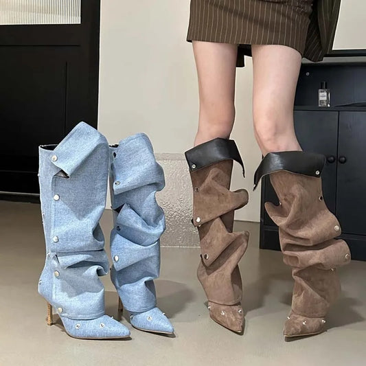 Denim Pleated Buckle Stiletto Boots for Women - LauBelle