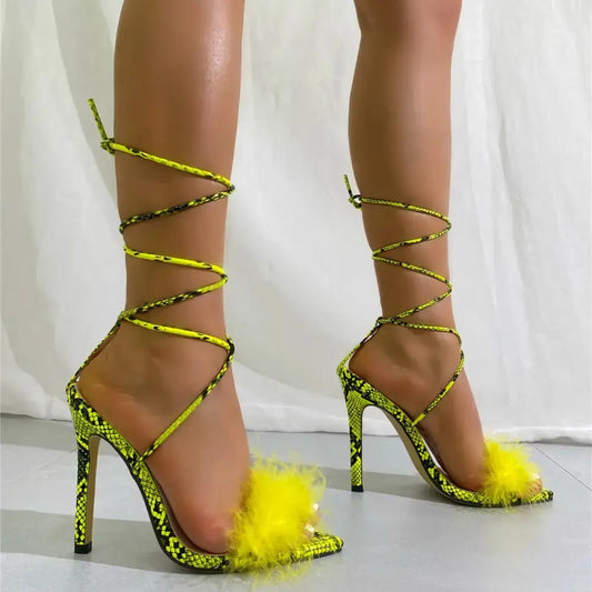 Europoint Fur Strap Stiletto Sandals with Faux Fur Toe Detail - LauBelle Brand