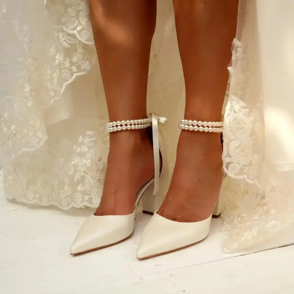 Pearl Ribbon Chunky Heels for Comfort and Style - LauBelle