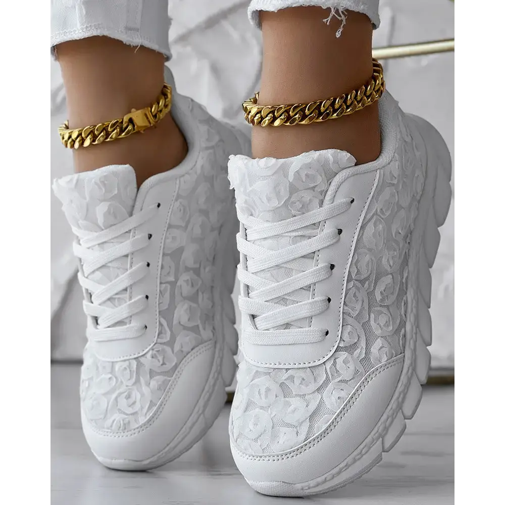 RoseMesh 3D Casual Sneaker with White Floral Pattern - LauBelle