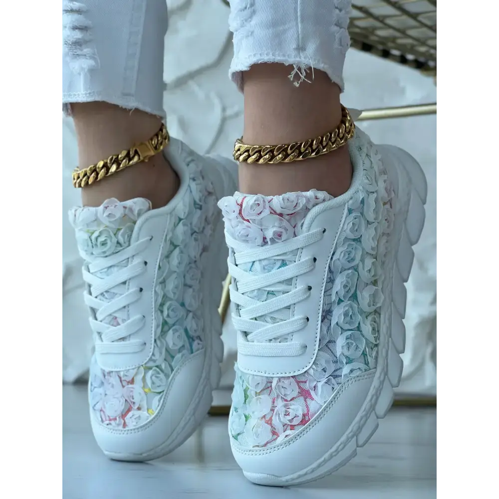 RoseMesh 3D Casual Sneaker with White Floral Pattern - LauBelle