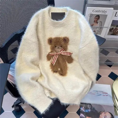 Bear Jacquard Knitwear White Sweater for Winter - LauBelle