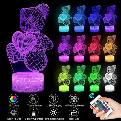3D Teddy Bear Optical Acrylic Night Light - LauBelle Brand
