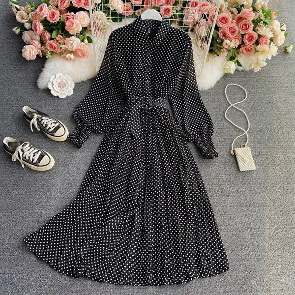 Polka Dot Chiffon Pleated Long Dress with Waist and Shirt Collar - LauBelle
