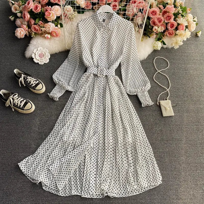 Polka Dot Chiffon Pleated Long Dress with Waist and Shirt Collar - LauBelle