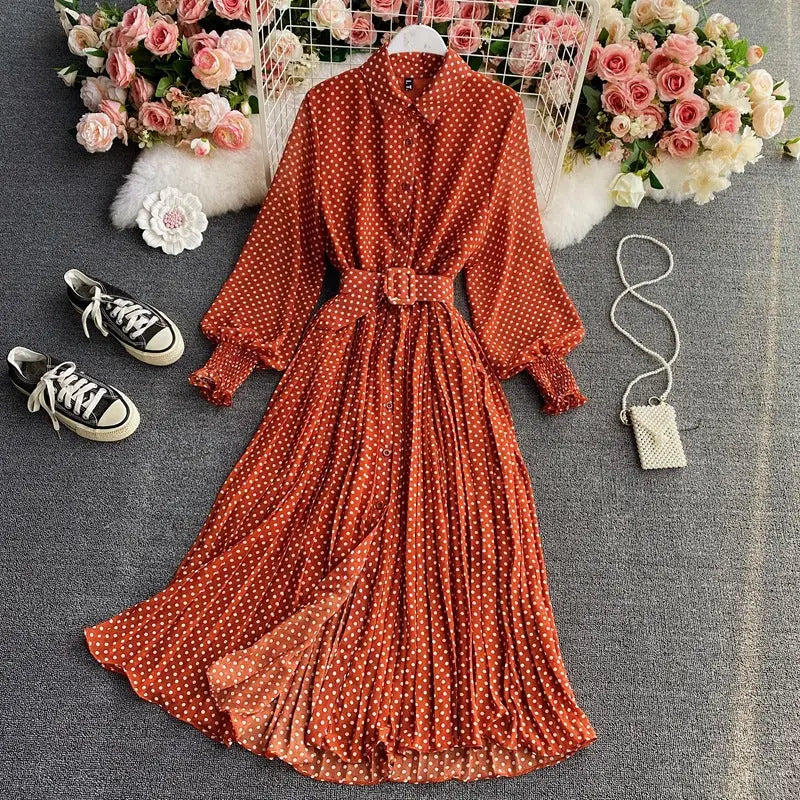 Polka Dot Chiffon Pleated Long Dress with Waist and Shirt Collar - LauBelle